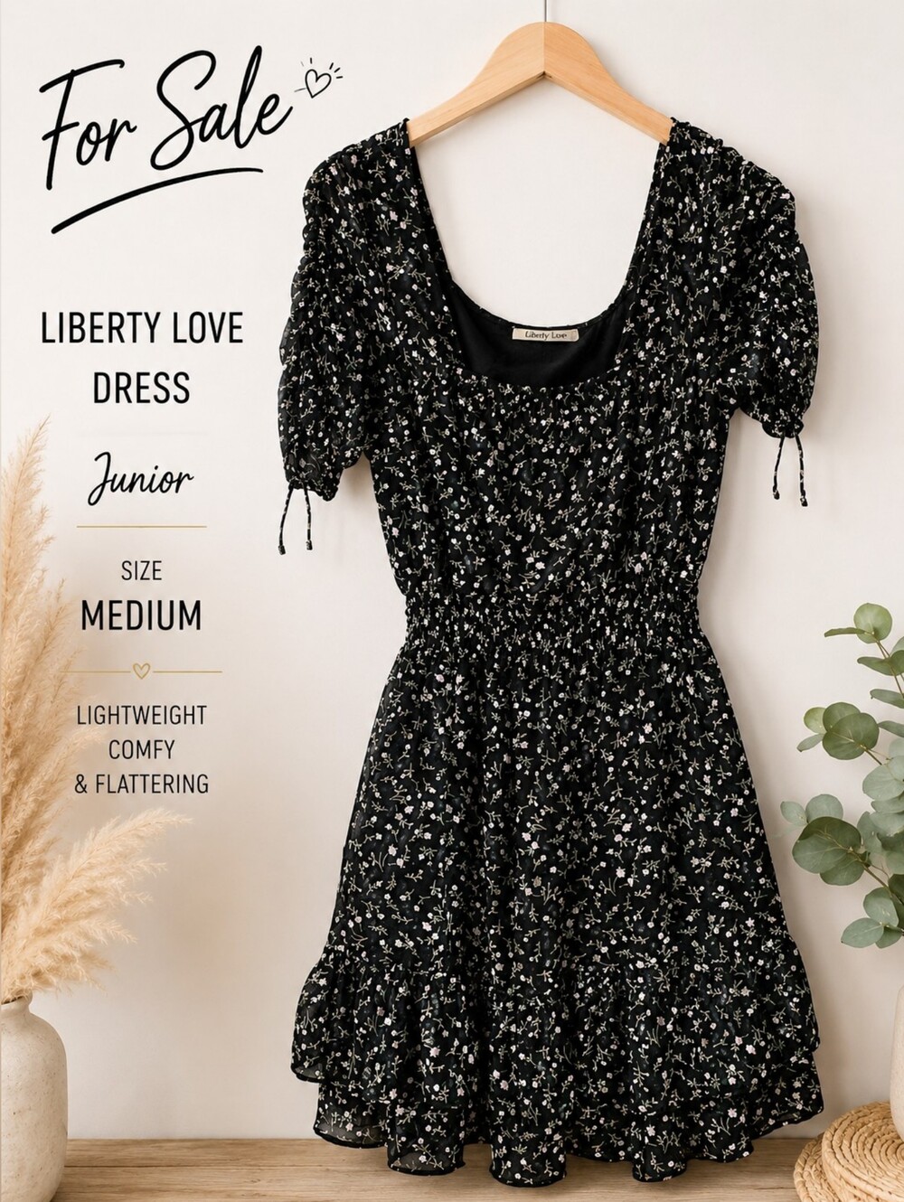 Liberty Love Black Floral Midi Dress with Puff Sleeves